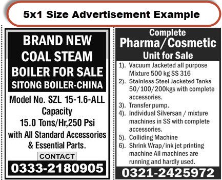 Book Machinery Sale and Purchase Ad in Newspaper 3 machinery sale and purchase 5x1 ad size example